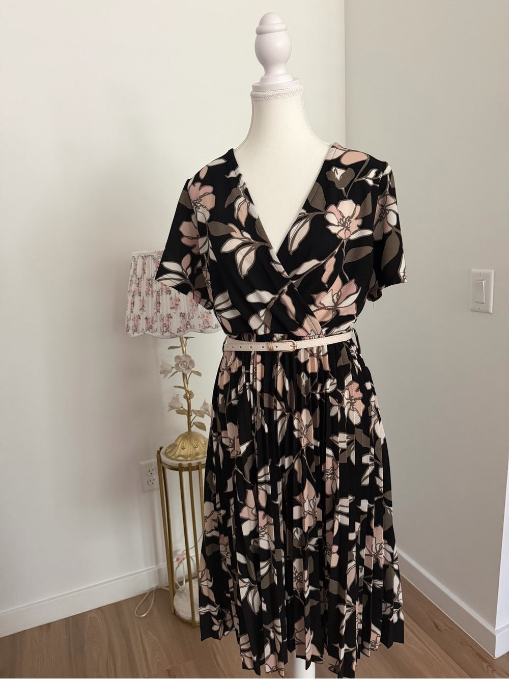 Lark‎ + Grey Floral Wrap Midi Dress with Pale Pink Accents